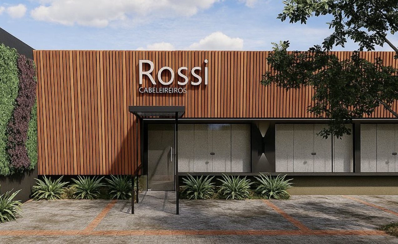 Fachada do salão Rossi Cabeleireiros com ripado de madeira e jardim vertical